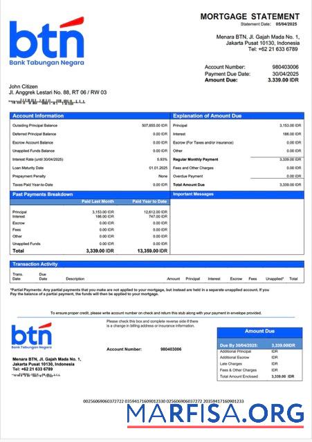 Blank Indonesia Bank Tabungan Negara (BTN) mortgage statement Word and PDF template